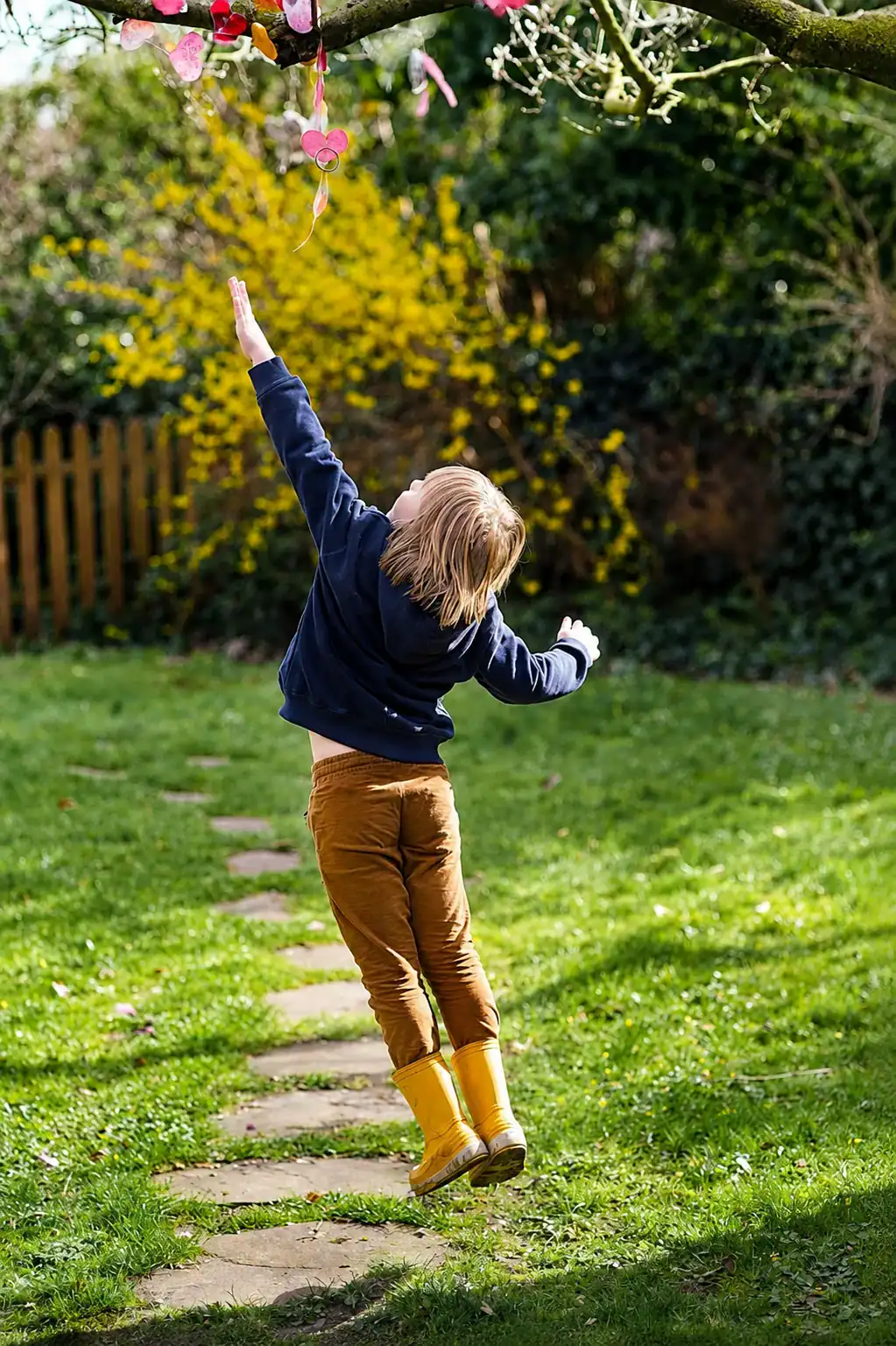 Enfant qui saute pour attraper une guirlande de cœurs dans le jardin