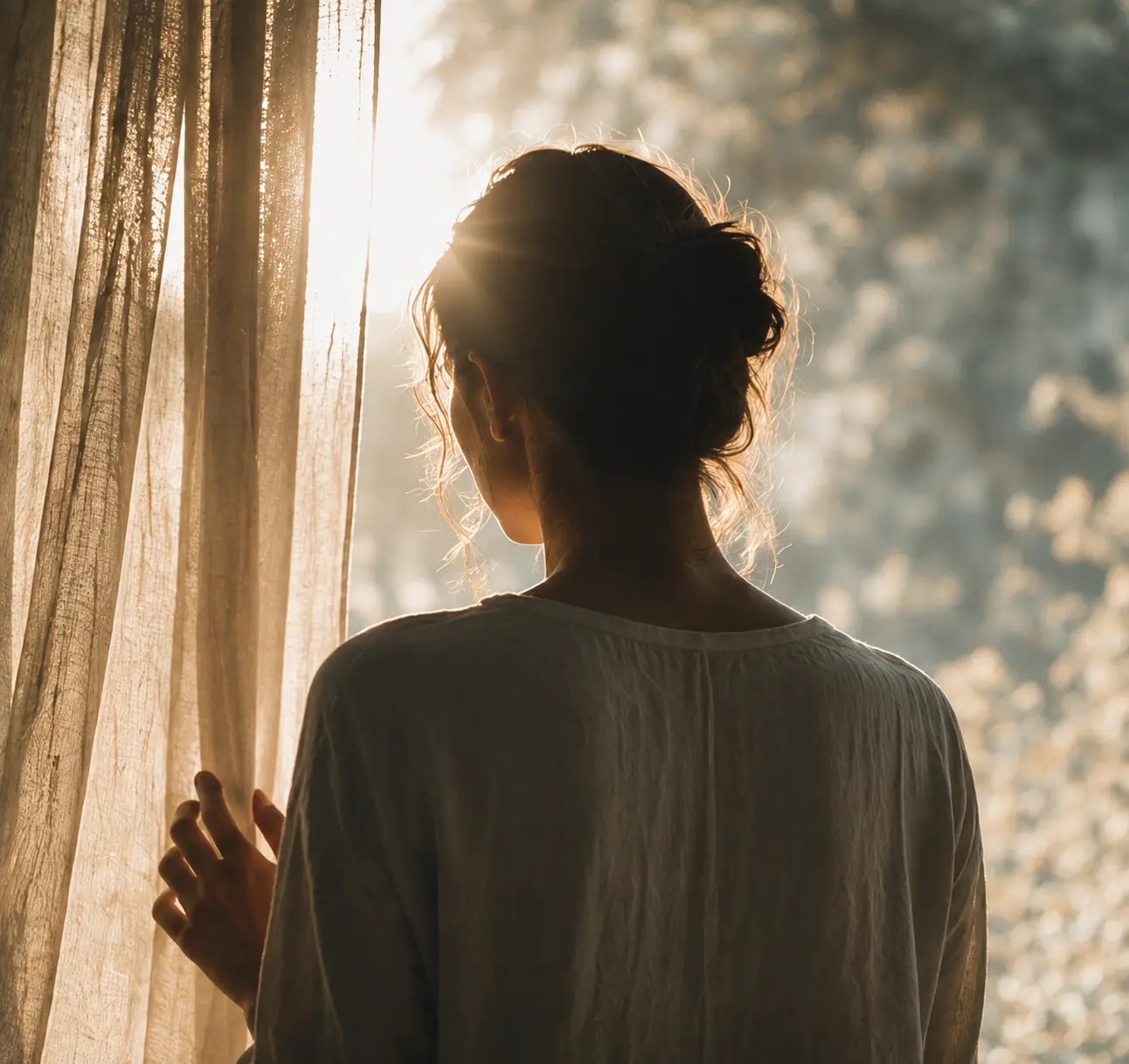 Femme de dos face à la lumière, symbole du seuil dans un accompagnement individuel