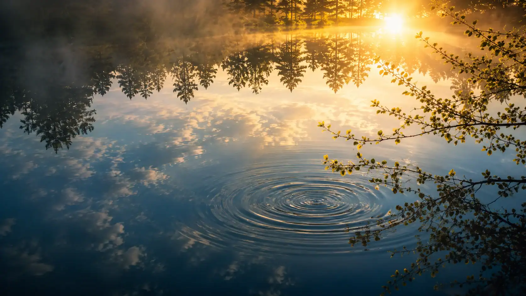 Cercles concentriques sur l'eau au lever du soleil