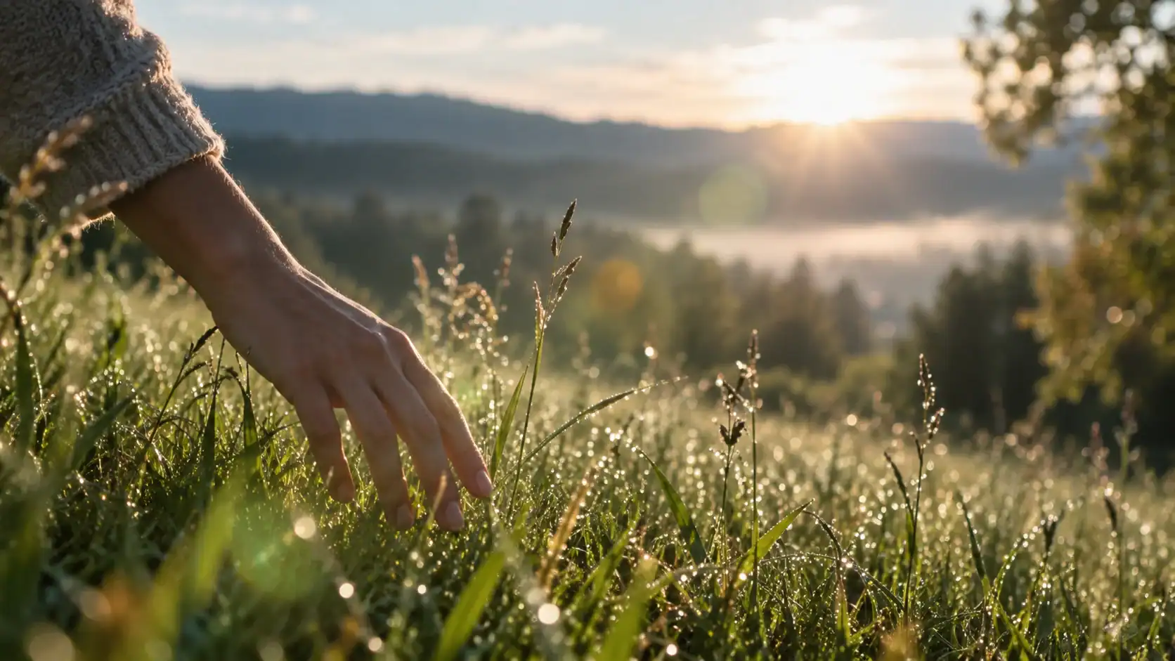 Main qui effleure l'herbe couverte de rosée au lever du soleil