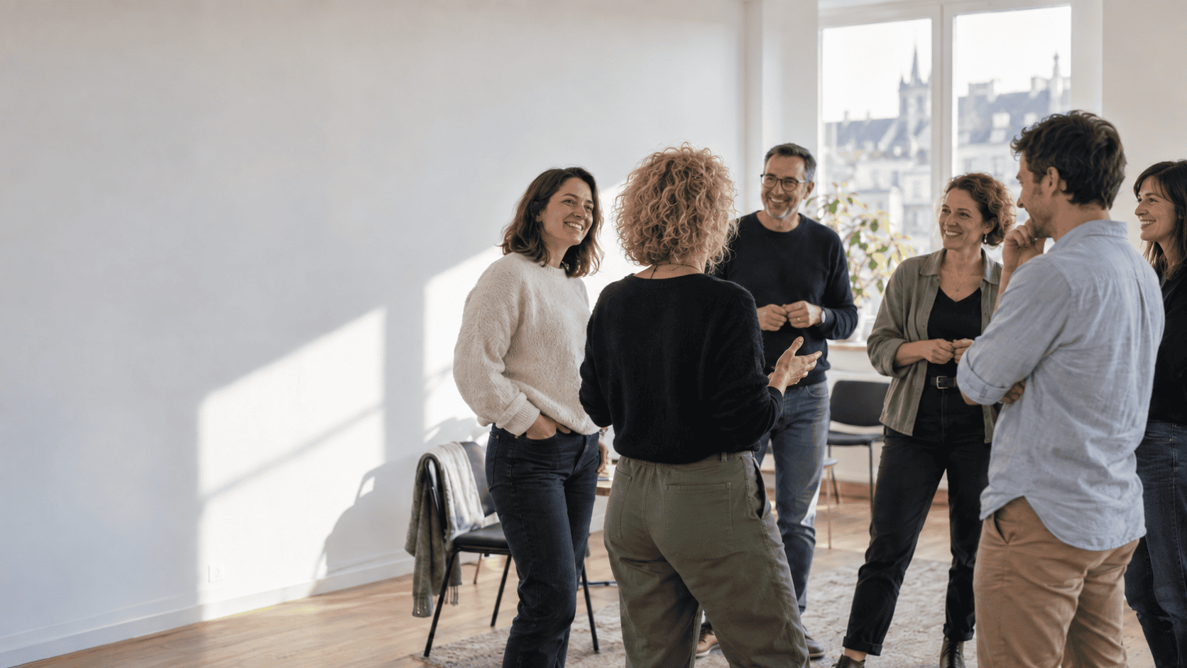 Un groupe en échange, dans une salle lumineuse — illustration d'une intervention collective