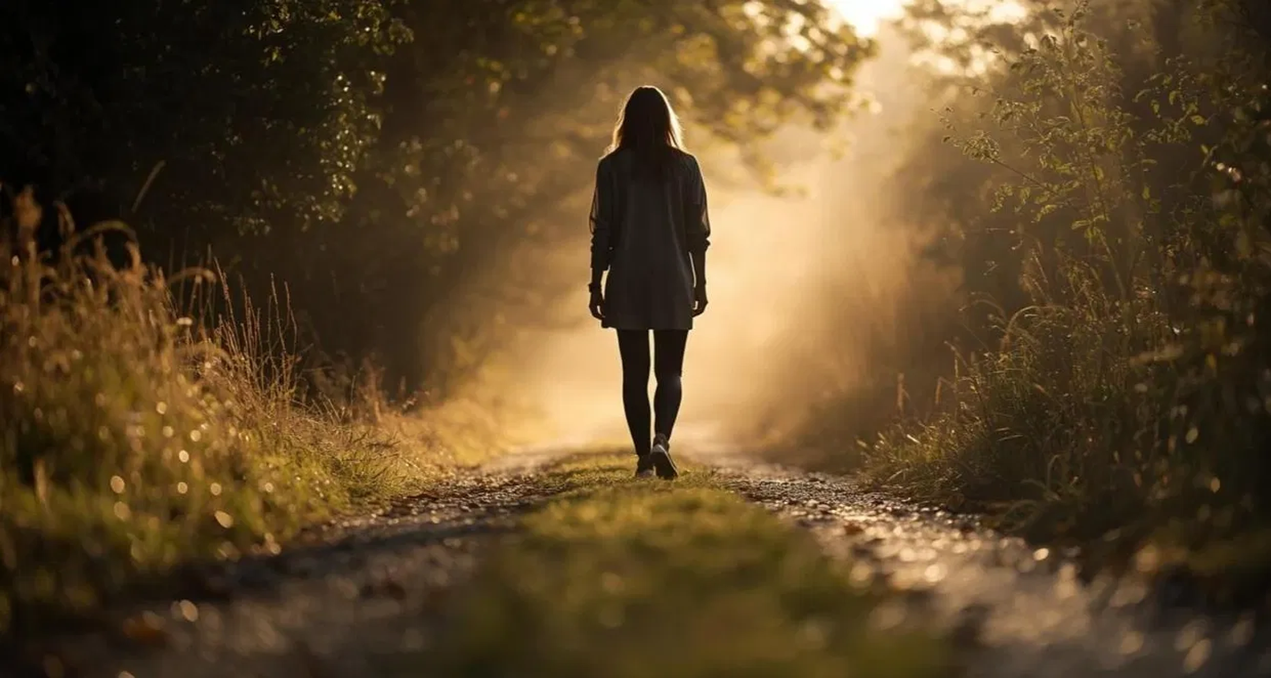 Femme marchant sur un chemin dans la brume dorée, vers la lumière — Parcours Résonance près de Lure