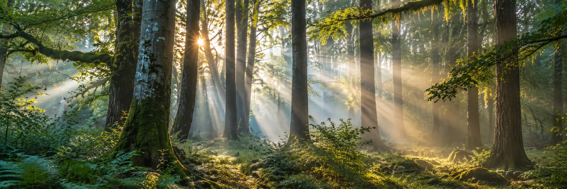 Rayons de lumière perçant entre les arbres d'une forêt dans la brume