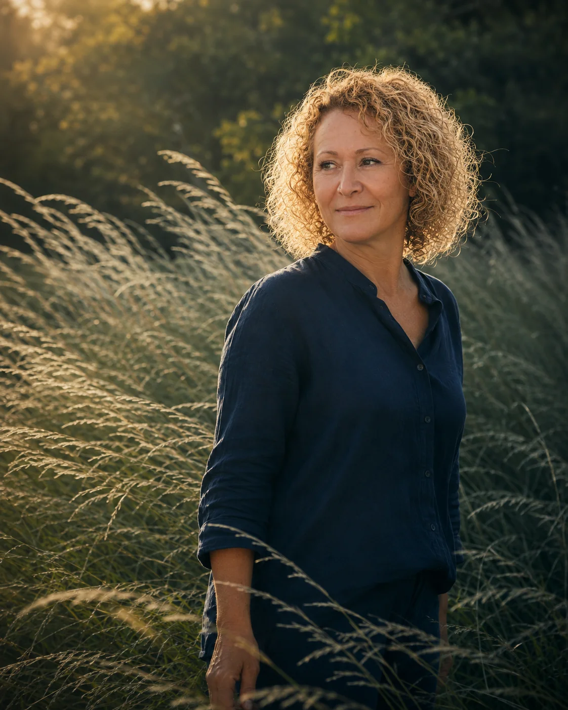 Sandrine Renahy dans les hautes herbes, à la lumière du soir, près de Lure