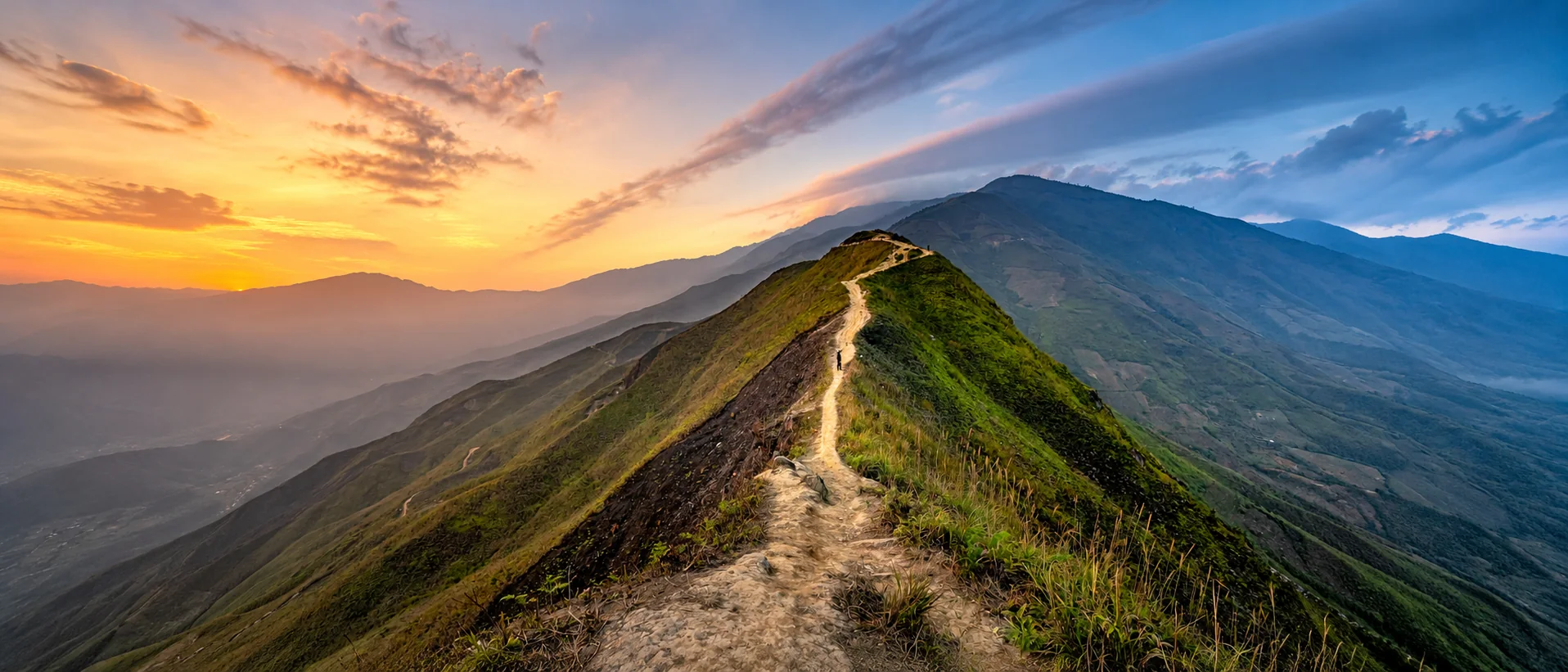 Sentier de crête qui se poursuit vers l'horizon au coucher du soleil
